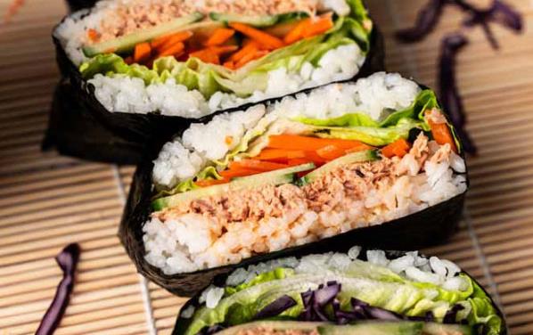 Sushi tuna sandwiches on bamboo mat