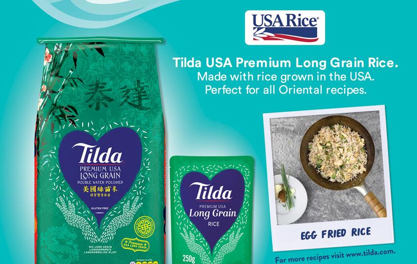 Green bags of rice, photo of rice dish in skillet, and USA Rice logo