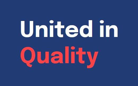 Text "United in Quality" in white and red on blue background