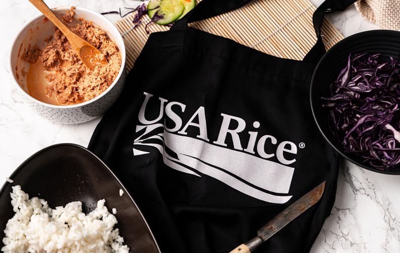 Black USA-Rice-apron-&-bowls-of-ingredients