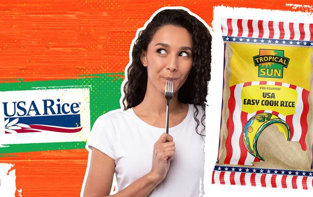 Colorful Wanis-Easy-Cook-Rice-ad shows smiling woman holding fork to her mouth