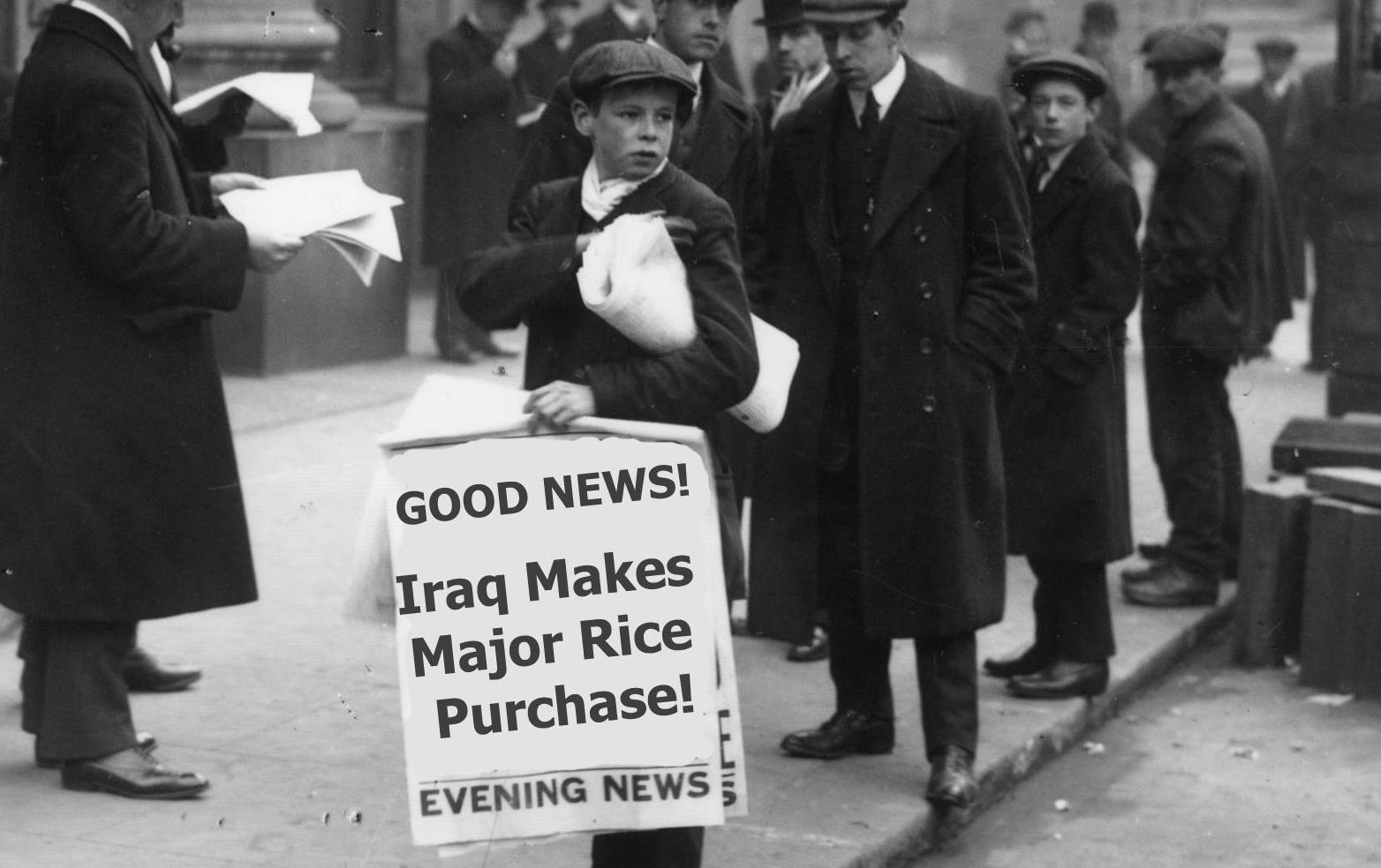 Black and white vintage photo of newsboy standing on street corner hawking papers with text "Good News! Iraq Makes Major Rice Purchase!"