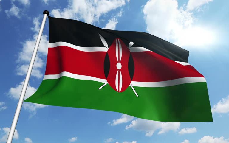 Kenya flag - black, red, and green stripes with red shield and white spears in the middle