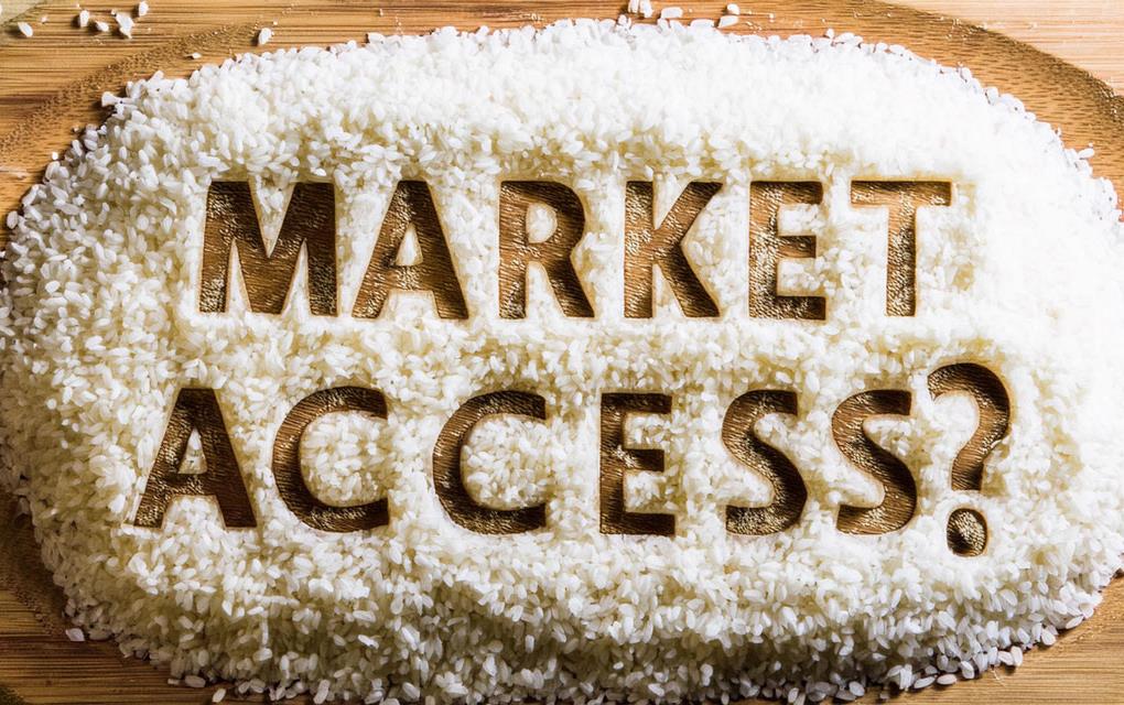 Market Access written in rice on a wooden cutting board