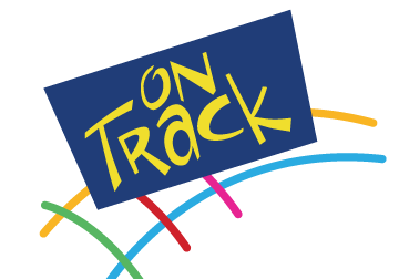 Blue box with "On Track" in yellow on top of colorful train track graphic