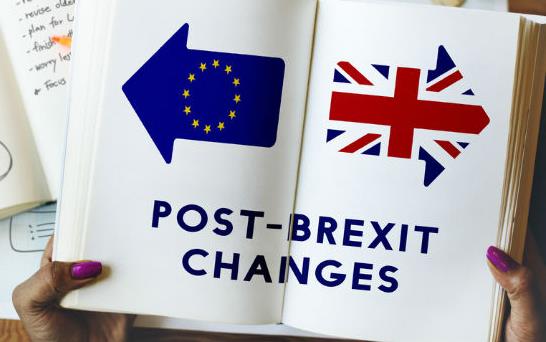 Hands with purple painted nails holds open book with EU and UK flags and text:  "Post-Brexit Changes"