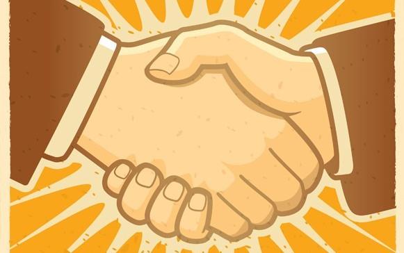 Drawing of hand shake between two people wearing brown business suits on yellow background with white sunburst emanating from hands