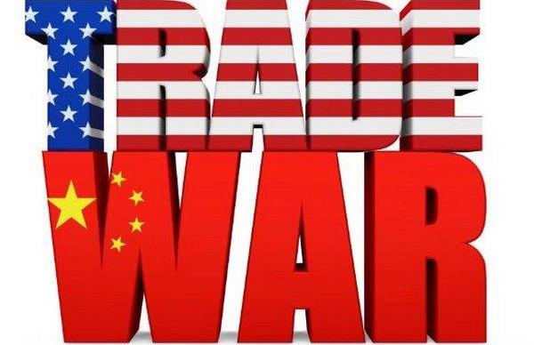 Words "Trade War" with TRADE in stars & stripes and WAR in red w/yellow stars
