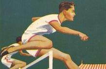 Vintage poster shows two men jumping hurdles at outdoor track meet with crowd in background