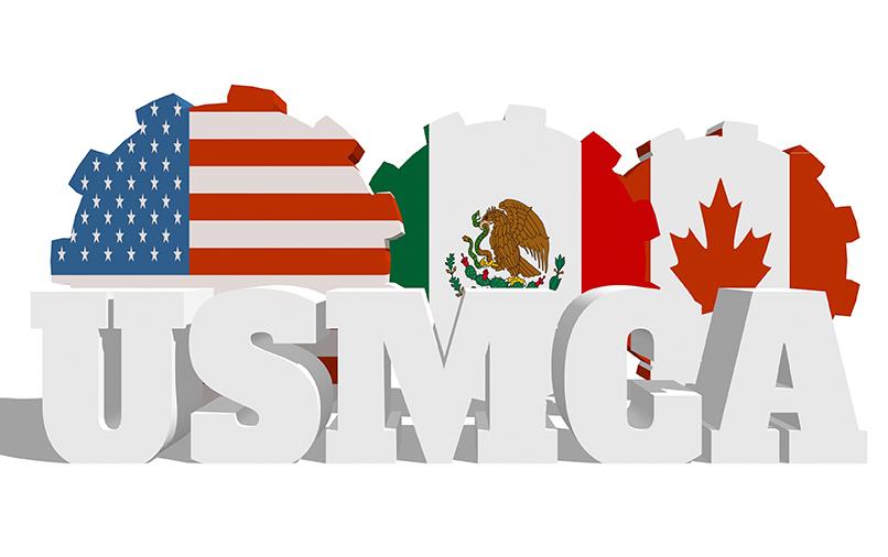 US, Mexico, and Canada flags in gear shapes behind initials USMCA