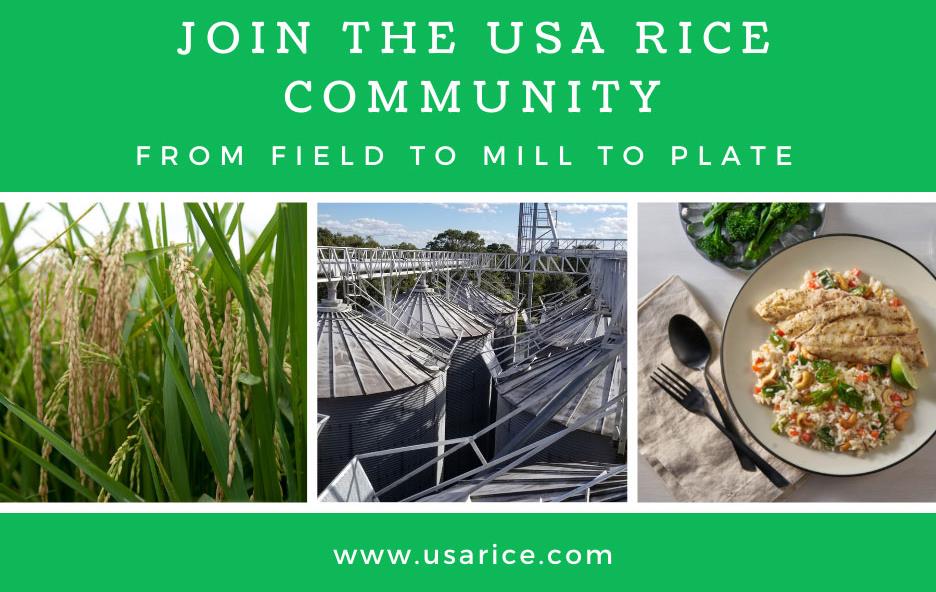 Join-USA-Rice-Community-graphic, with photos of rice plants, rice mill, and rish meal