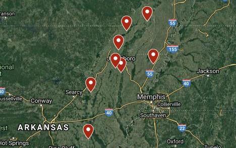 2019 Field Days topographical map shows locations throughout Arkansas, Mississippi, and Missouri marked with red flags