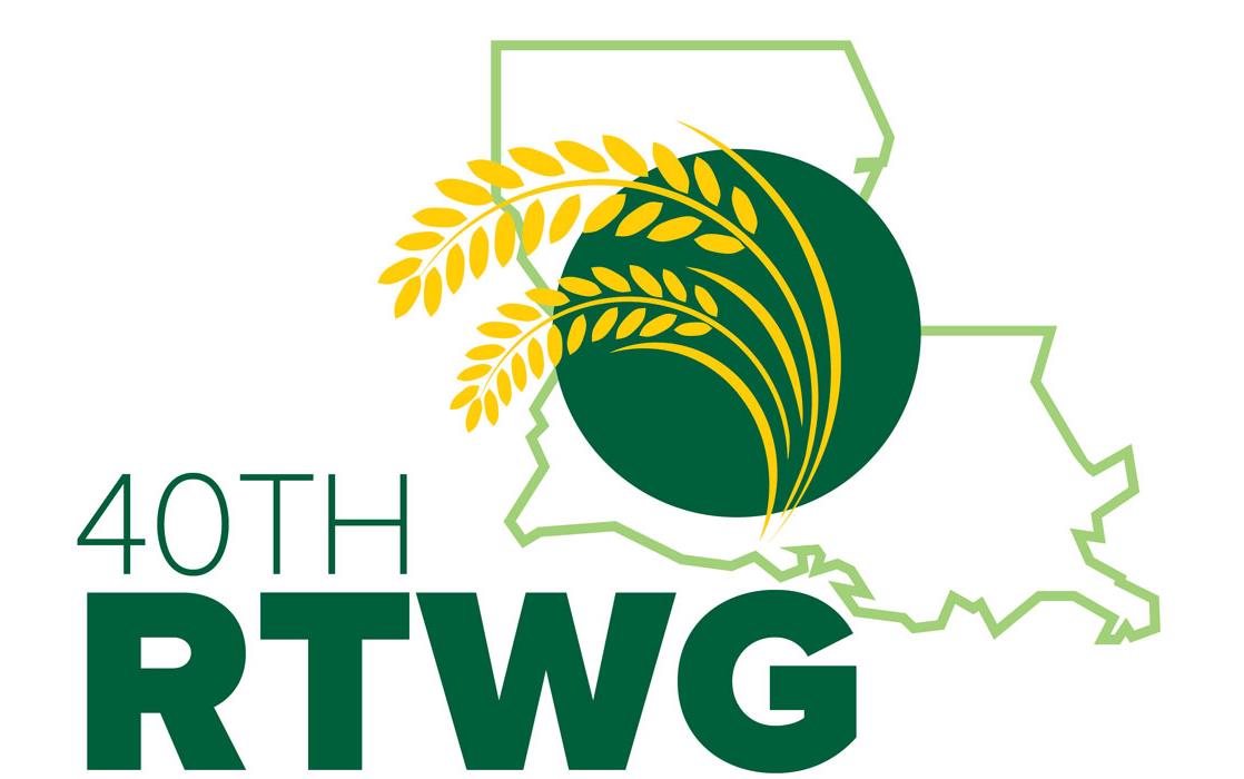 2025-RTWG-logo, graphic includes outline of state of Louisiana overlayed with golden rice plant atop a dark green circle