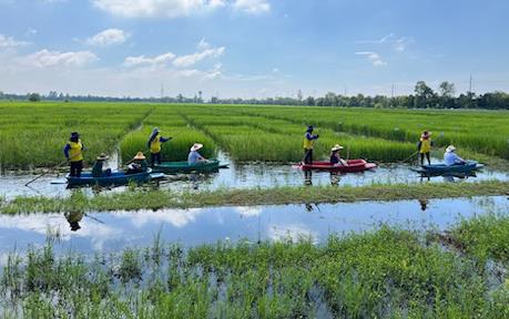 Leadership Class in Thailand, checking out research plots by boat