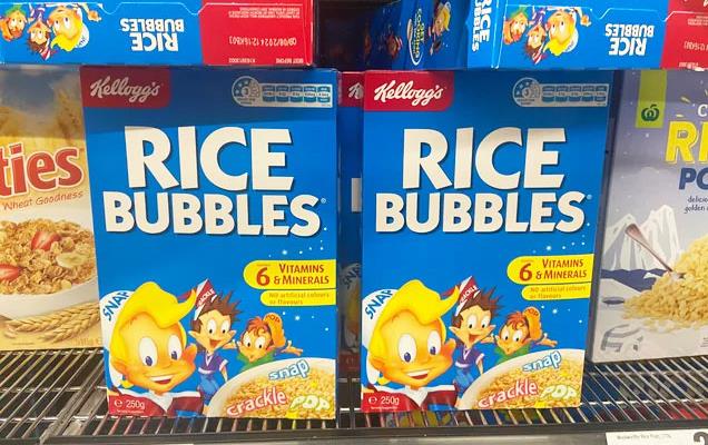 Rice Krispies (called Rice Bubbles) on the grocery shelf in Australia