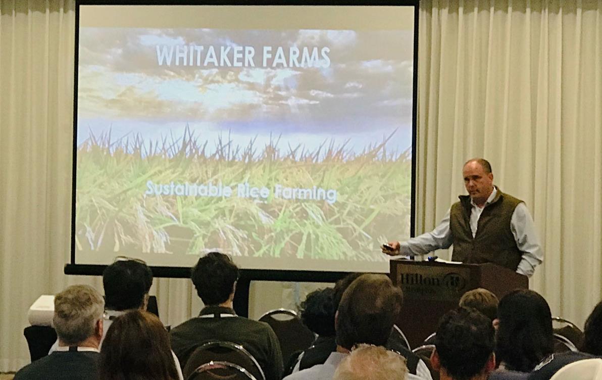 Man wearing dark vest stands at podium in front of crowd giving slide presentation